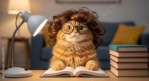 Cute Fluffy Cat Wearing Wig and Glasses Studying Books.