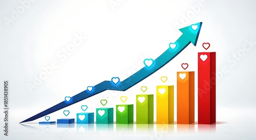 Growth Chart with Upward Arrow and Heart Icons Representing Social Media Engagement.