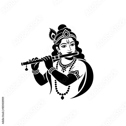 Lord Krishna playing flute black and white vector illustration.