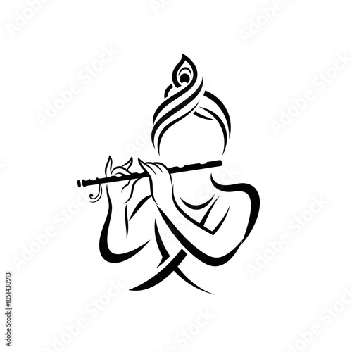 Lord Krishna playing flute in a minimalist black and white line art style.