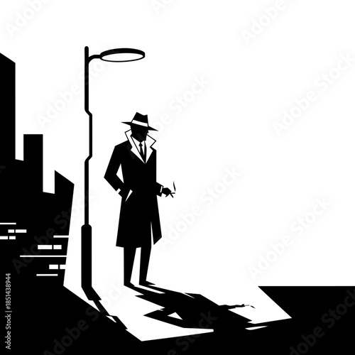 Mysterious Detective in Trench Coat Under Streetlight at Night.