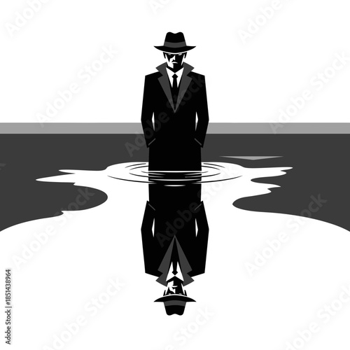 Mysterious Man in Hat and Coat Standing in Water with Reflection.