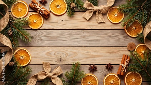 Christmas greeting card featuring natural wooden textures and dried orange slice