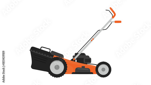 Orange Lawnmower with Grass Catcher Vector Illustration