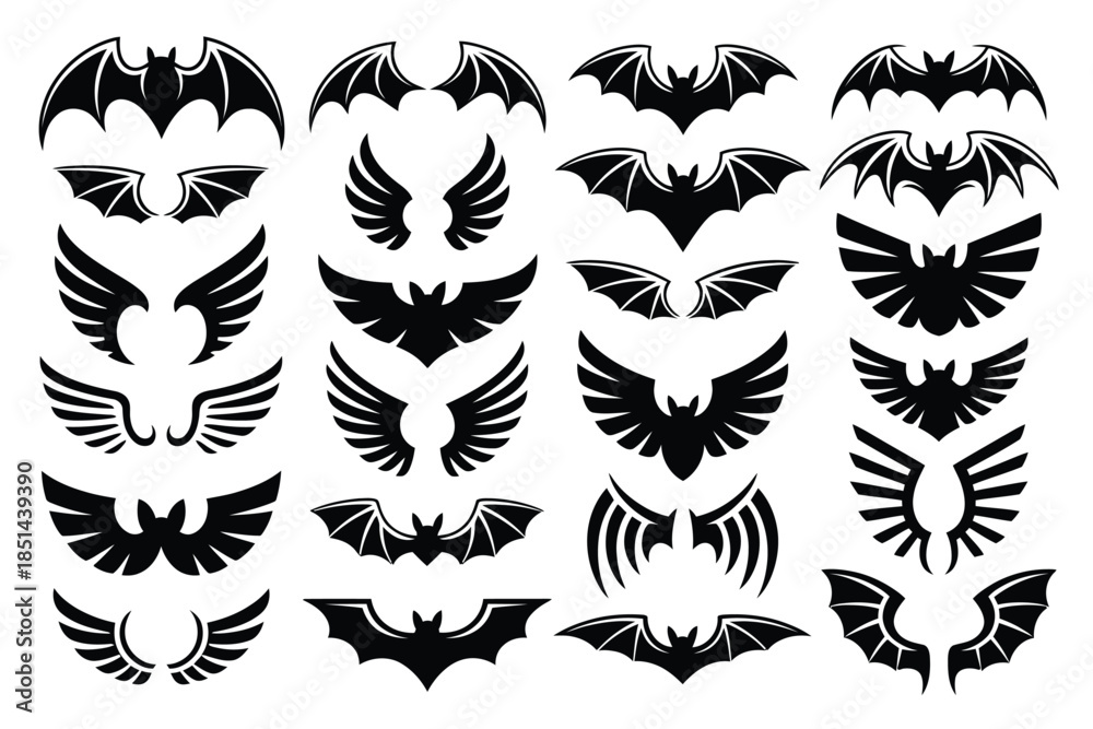 Fototapeta premium Diverse collection of stylized bat wings and flying creature silhouettes, perfect for dark fantasy, gothic, and mystical design projects