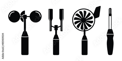 A black and white weather instruments icon set to measure climate. Meteorology tools concept.