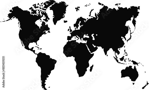 Bold black silhouette world map on a pristine white background, representing global connections, international business, and geographical exploration