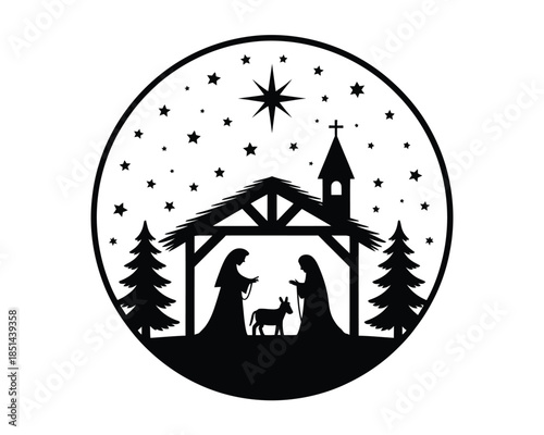 Christmas Nativity Scene Silhouette Icon with Star and Stable - A Religious and Festive Illustration