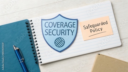 Security Policy Concept with Shield Symbol and Notepad on Wooden Table Representing Protection and Coverage Themes