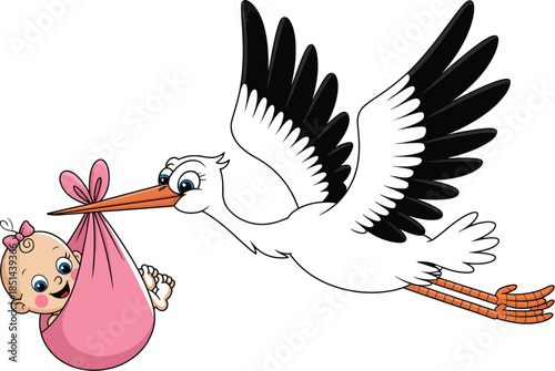 Adorable cartoon stork soaring through the sky, gently delivering a sweet newborn baby girl wrapped in a soft pink blanket, a heartwarming symbol of new beginnings, family joy, and precious arrivals