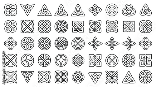 Collection of Celtic knot designs and symbols, intricate patterns, and ancient ornamental art