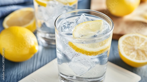 Refreshing lemon water in glass with ice cubes close-up, showcasing citrus drink