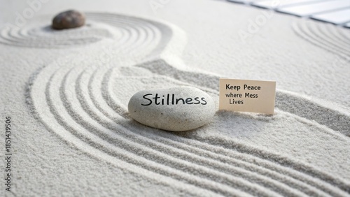 Serene Stone in Sand with Spiritual Message and Tranquil Raked Patterns for Mindfulness and Meditation Practices