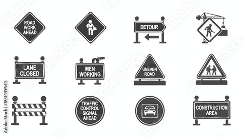 Road Construction Signs and Safety Symbols Vector Icons.