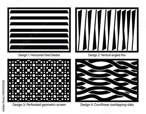 A collection of four architectural screen designs: horizontal blades, vertical fins, geometric, and curvilinear.