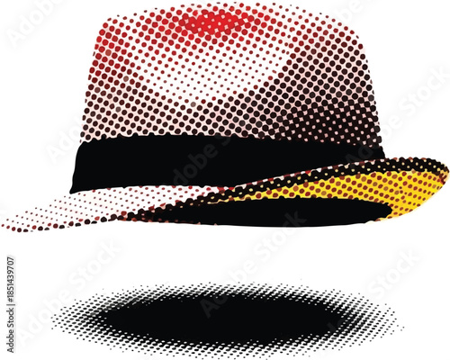 Stylish Halftone Fedora Hat Illustration with Shadow in Vintage Pop Art Design