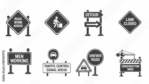 Road Construction Signs Set Safety Detour Lane Closed Traffic Control.