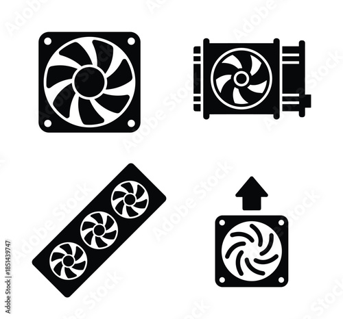 A set of computer cooling fan icons for PC cooler, CPU and GPU for improved performance