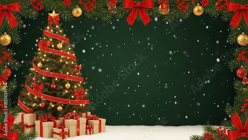 Christmas greeting card with a dark forest green background and classic red accents