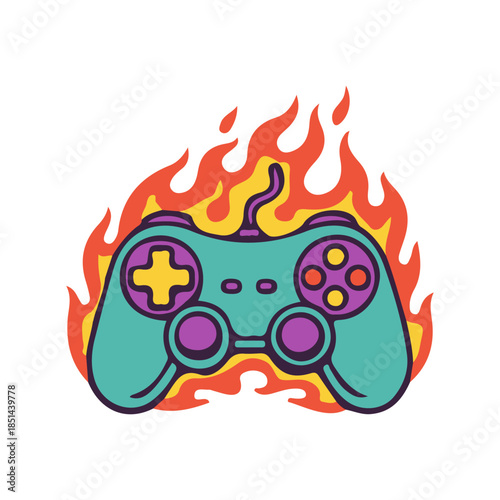 arcade game controller gamepad fire flame game art vector illustration