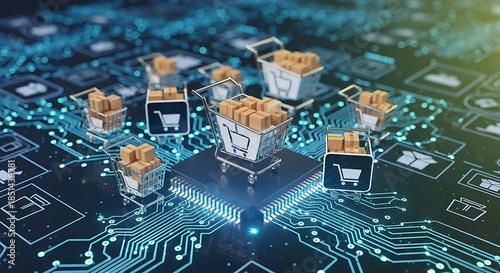 Wallpaper Mural Online Shopping Carts on a Circuit Board Representing E-commerce and Digital Transactions. Torontodigital.ca