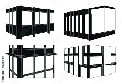 Abstract architectural constructions in black and white, showcasing unique structural elements.