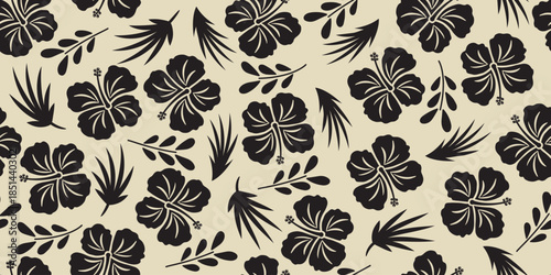 beautiful fabric pattern black hibiscus flowers, leaf motif, hand drawn hibiscus flower on a white background. Summer fabric patterns for Hawaiian shirts. botanical motifs floral hibiscus.black white.