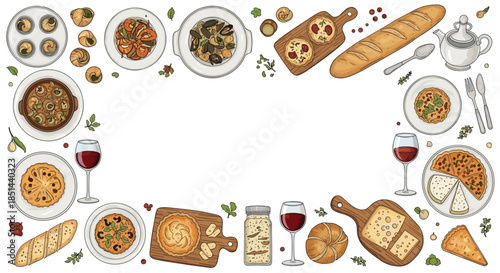 Hand-drawn frame of classic French cuisine dishes including cheese, wine, baguette, and escargots on a white background.