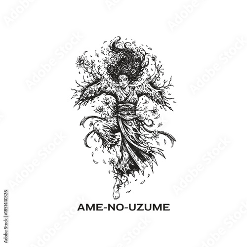 Japanese Goddess Ame-no-Uzume dancing illustration in vintage engraving style with floral elements and flowing kimono