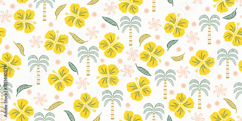 beautiful fabric pattern yellow hibiscus flowers, palm tree motif, pink frangipani flower lines on a white background. Summer fabric patterns for Hawaiian shirts. botanical motifs floral hibiscus.
