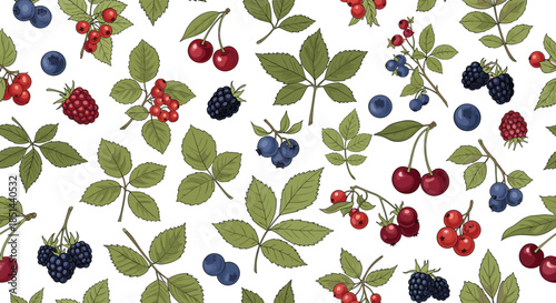 Colorful seamless pattern of hand-drawn garden berries including cherry, raspberry, and blueberry in a vintage style.