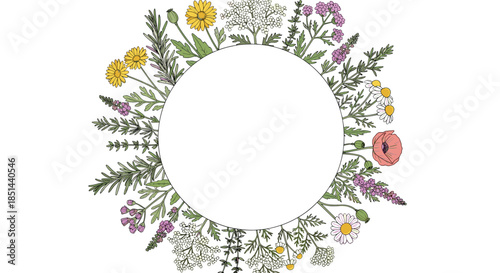Round floral frame with hand-drawn colorful wildflowers and herbs like poppy, chamomile, and lavender on a white background.
