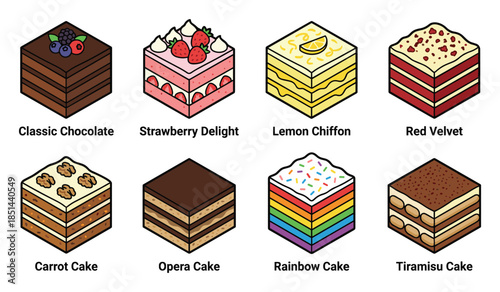 A set of isometric cake flavors. chocolate, strawberry, lemon, red velvet, carrot, rainbow and more