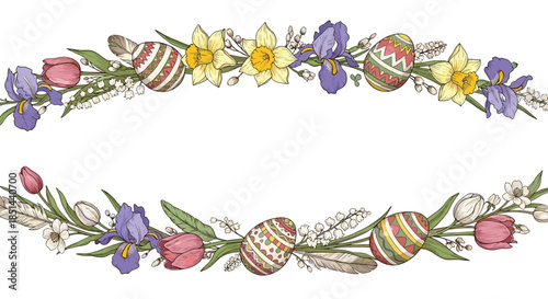 Decorative Easter garlands with hand-drawn spring flowers, pussy-willow branches, and colorful painted eggs vector set.