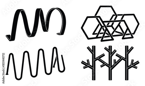 Abstract vector illustration set with wave, shapes, and branches. Isolated on a plain white background.