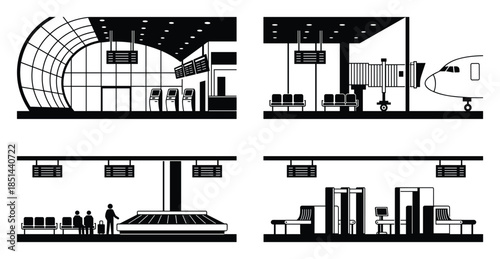 Airport scenes vector: Departure terminal, gate access, baggage claim carousel, security checkpoint.