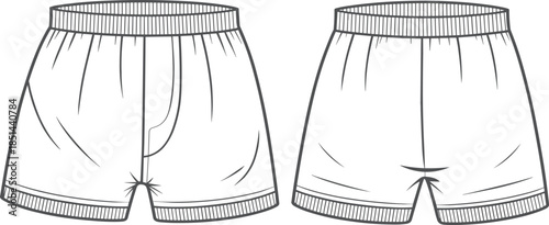 Flat fashion technical sketch of women's cropped trucker jacket with collar, zip front, chest flap pockets, and back view, vector.