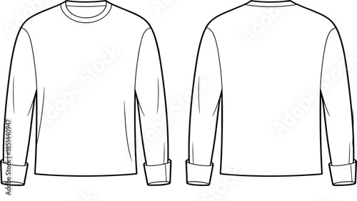 Long sleeve crew neck shirt front and back view, technical fashion sketch, vector garment template, clothing mockup, apparel design illustration