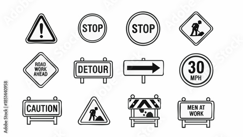 Road Signs Collection Stop Detour Caution Speed Limit Work Ahead.