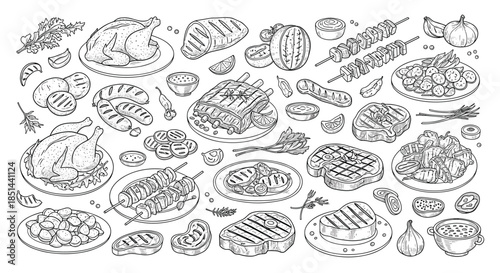 Large set of hand-drawn barbecue and grilled food items including steak, chicken, and ribs in a vintage sketch style.