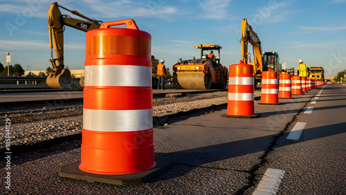 Road Construction Site with Orange Traffic Barrels and Heavy Machinery