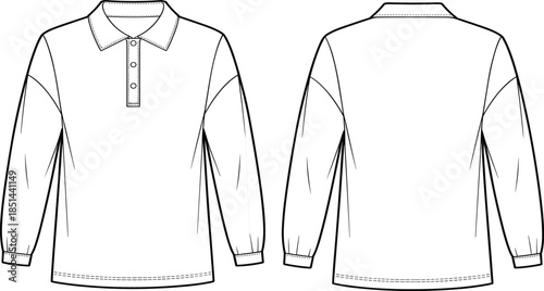 Long sleeve polo shirt front and back view, technical fashion sketch, vector garment template, clothing mockup, apparel design illustration