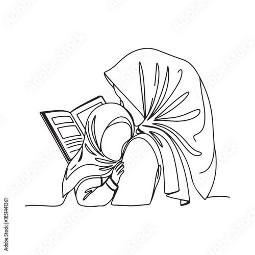 Muslim Man in Thobe Reading Quran Sitting Minimalist Line Drawing Black and White Illustration