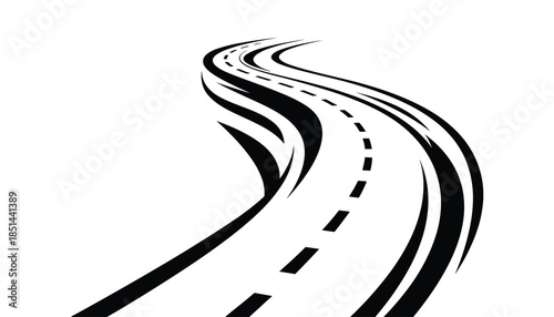 Black and white illustration of a winding road, with perspective and dashed centerline marking.