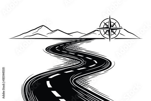 Black and white illustration of winding road to mountains with a compass direction for exploration.