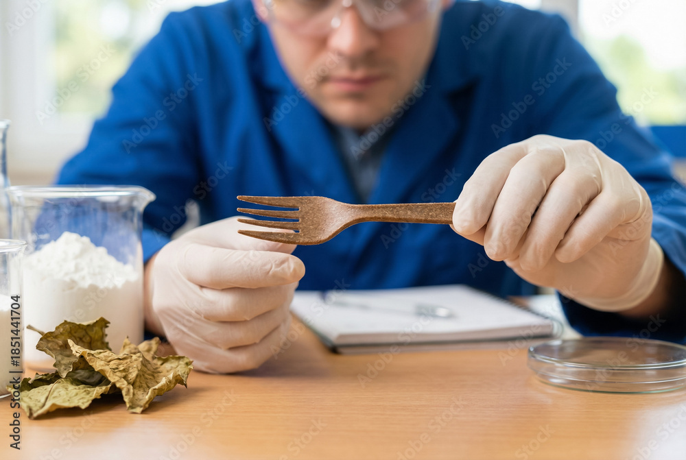 Obraz premium Scientist in lab inspecting biodegradable fork made from plant fibers, sustainable material research
