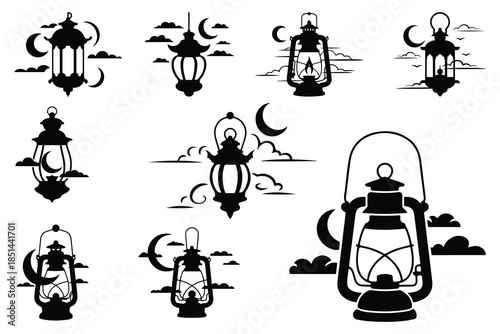 Black and white lanterns and lamps with moon and clouds