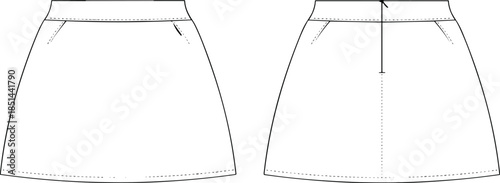 Skirt technical drawing, fashion flat sketch, front back view, vector template, waistband, darts, flared silhouette, garment design, sewing pattern, apparel