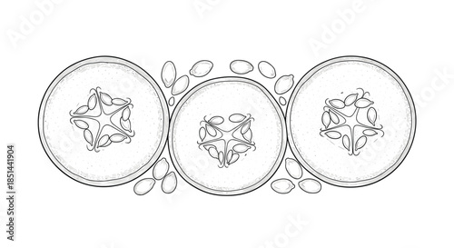 Hand-drawn top view of fresh cucumber slices and seeds in a detailed black and white vintage engraving sketch style.