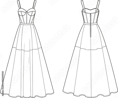 Sleeveless dress fashion illustration, technical sketch, front and back view, corset bodice, spaghetti straps, flowing skirt, garment design, vector